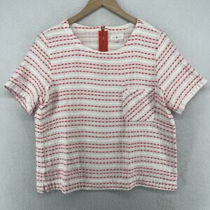 LOU & GREY Top L Crinkle Gauze Blouse Stitch Striped Short Sleeve Cotton White